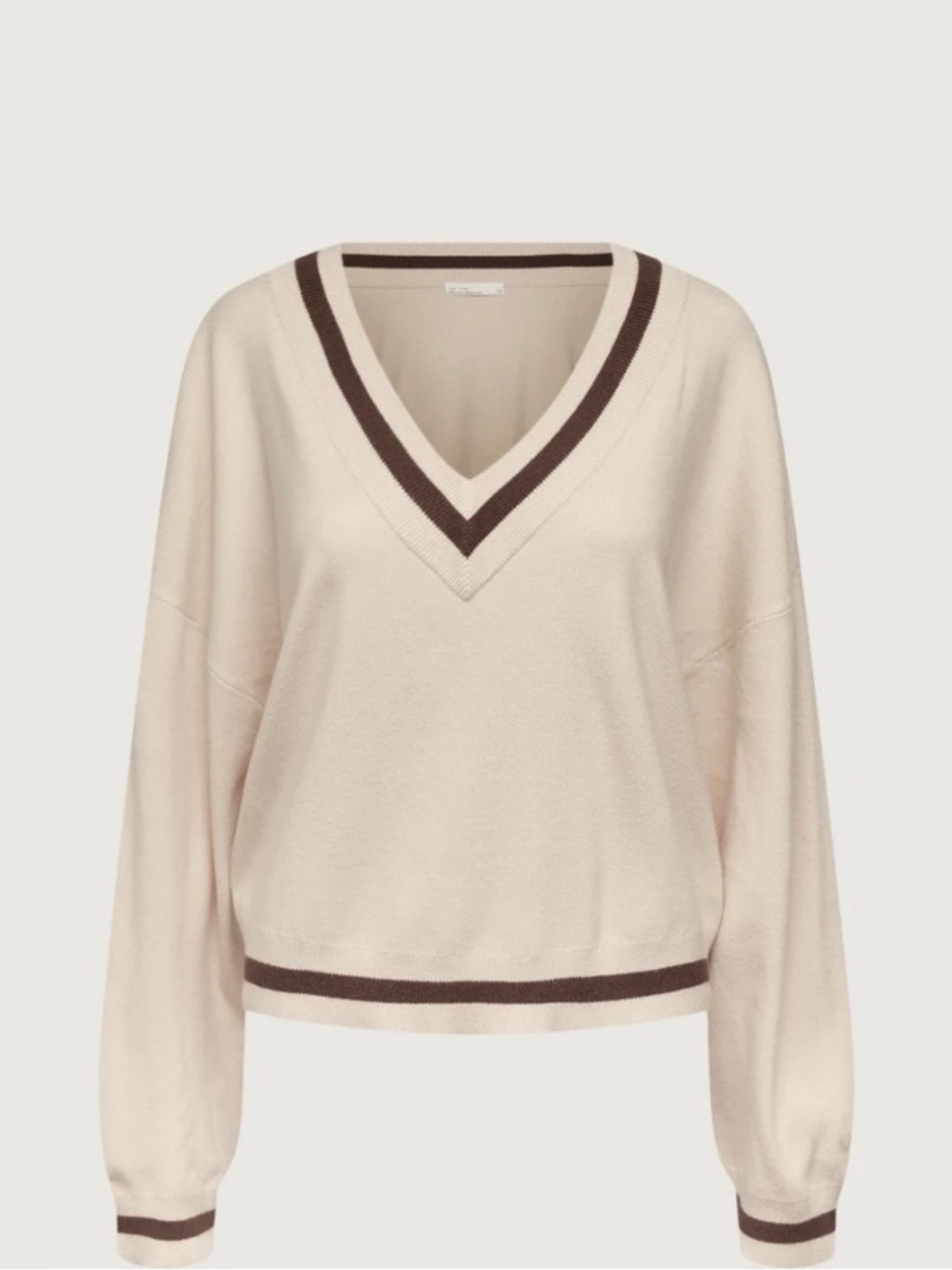 OAK + FORT Cream V-Neck Varsity Sweater with Brown Trim